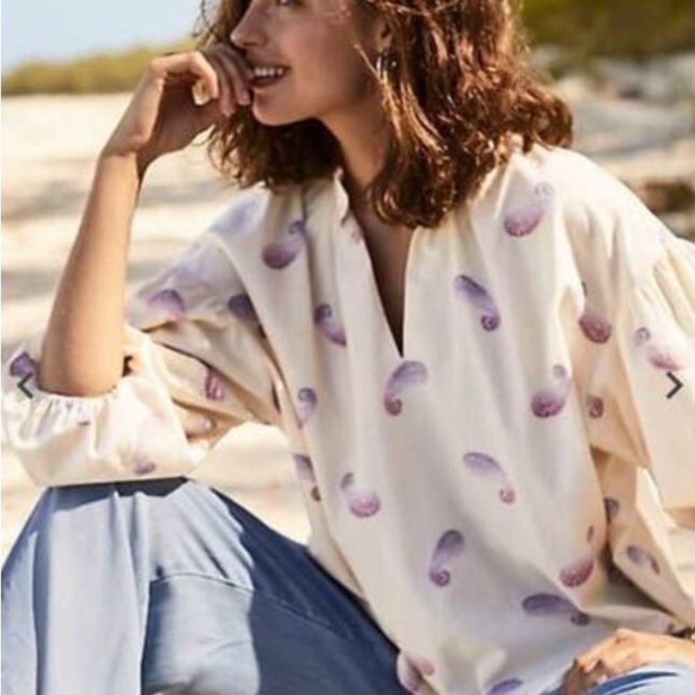 J. Jill Cream and Purple Paisley Blouse Boho Like New Medium Hippie Coastal Chic